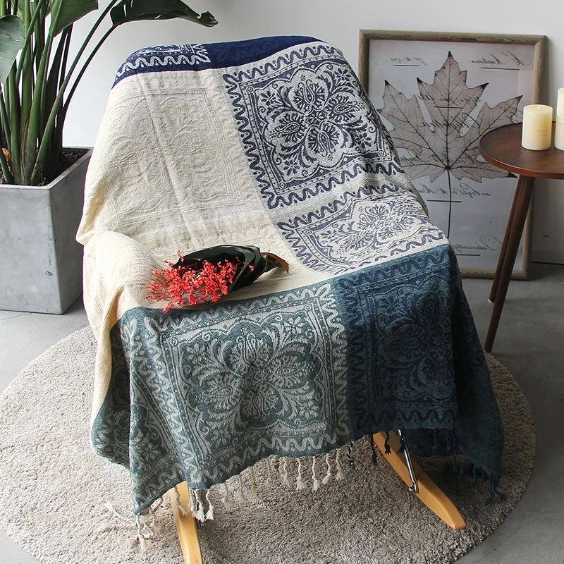 

2022 Ins Retro Sofa Decor Towel Mediterranean Nepal Plaid Patchwork Throw Blanket Heavy Sofa Cover Bedspread 220x260cm