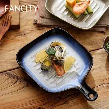 

FANCITY Home baking trays, ceramic creative handle plates, oven baking, rice plates, dish plates