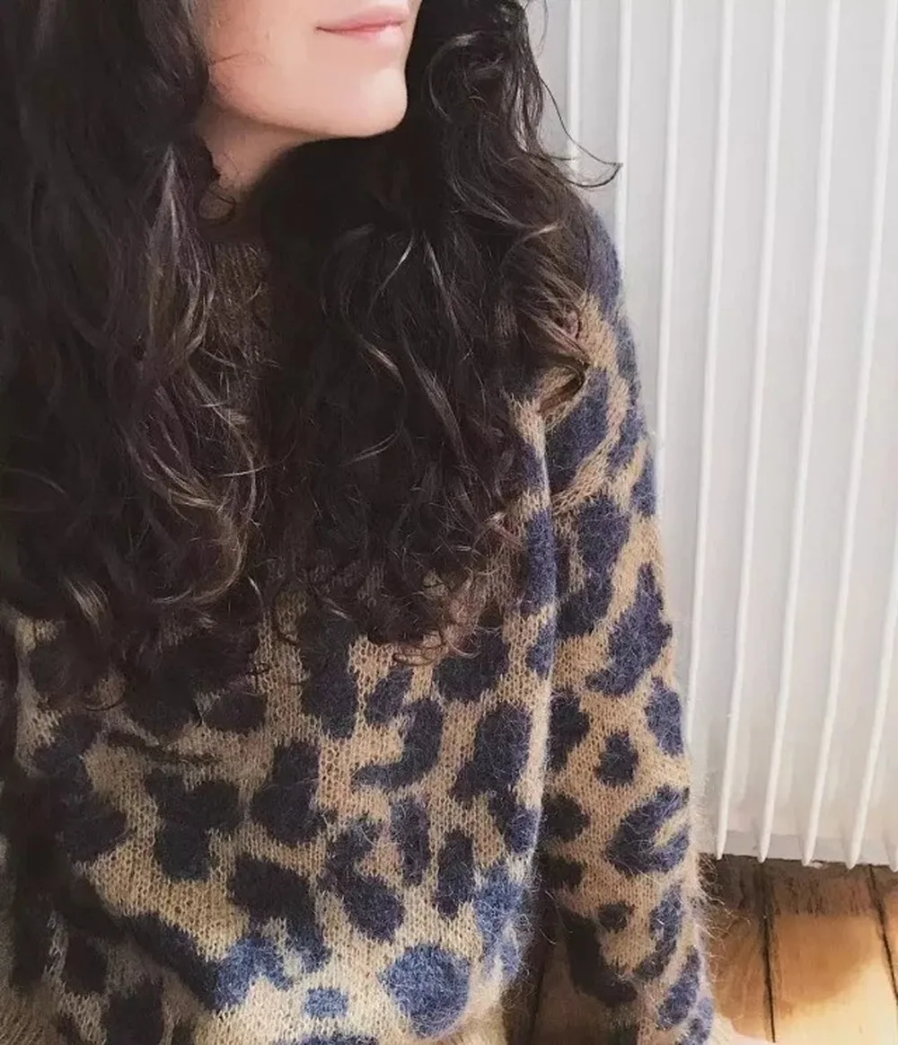 

New Arrivals French style SE Scoop Neck round Leopard Print High content Mohair soft Round collar Leopard Print sweater Jacket