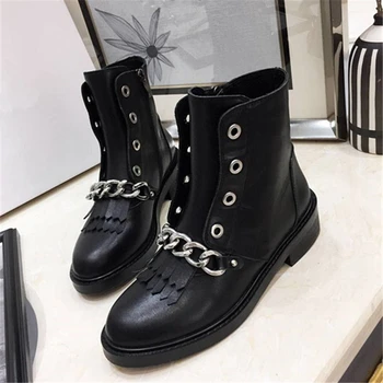 

Mental Chain Women Ankle Boots Black Genuine Leather Women Short Boots Runway Outdoor Mortorcycle Boots For Women zapatos de muj