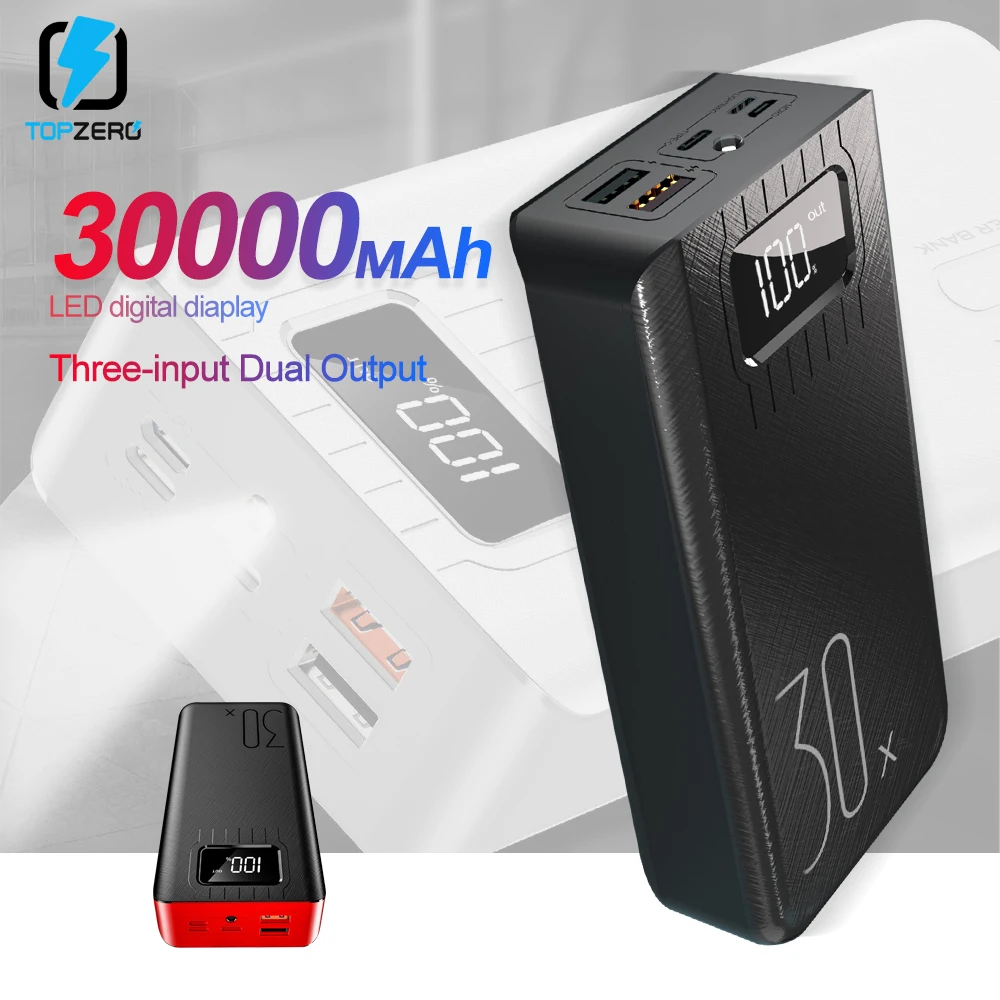  Power Bank 30000mAh TypeC Micro USB QC Fast Charging Powerbank LED Display Portable External Batter