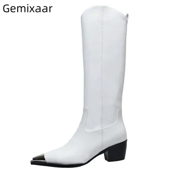 

2019 Metal Point Toe Boots Women Comfortable Real Leather Slip On Casual Bottes Med Square Heel Solid Black White Boots Woman