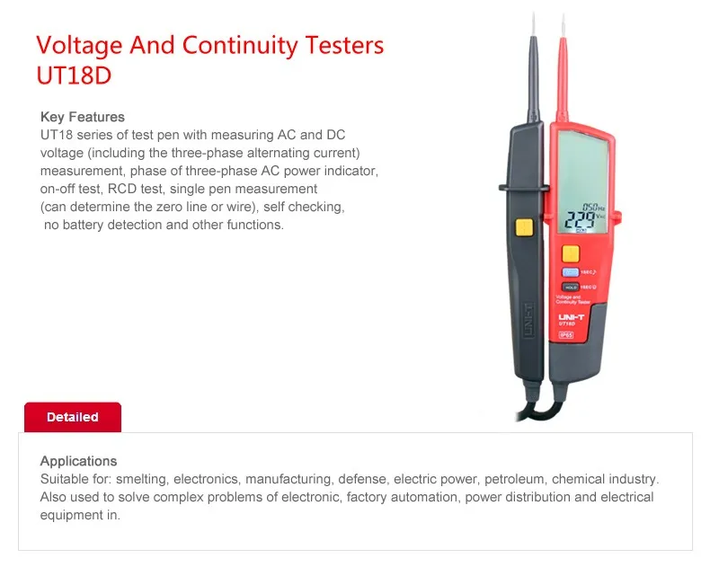 UNI-T UT18D 0~ 690V AC DC Voltage Tester and continuity tester, LCD display automatic range, waterproof pen, RCD test