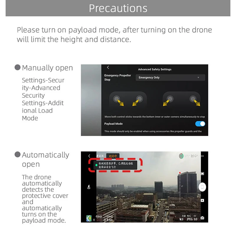 the drone automatically detects the protective cover and automatically turns on the domp payload mode 