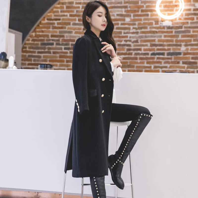 Осенне-зимнее черное двубортное шерстяное пальто женское тонкое длинное шерстяное пальто в стиле милитари