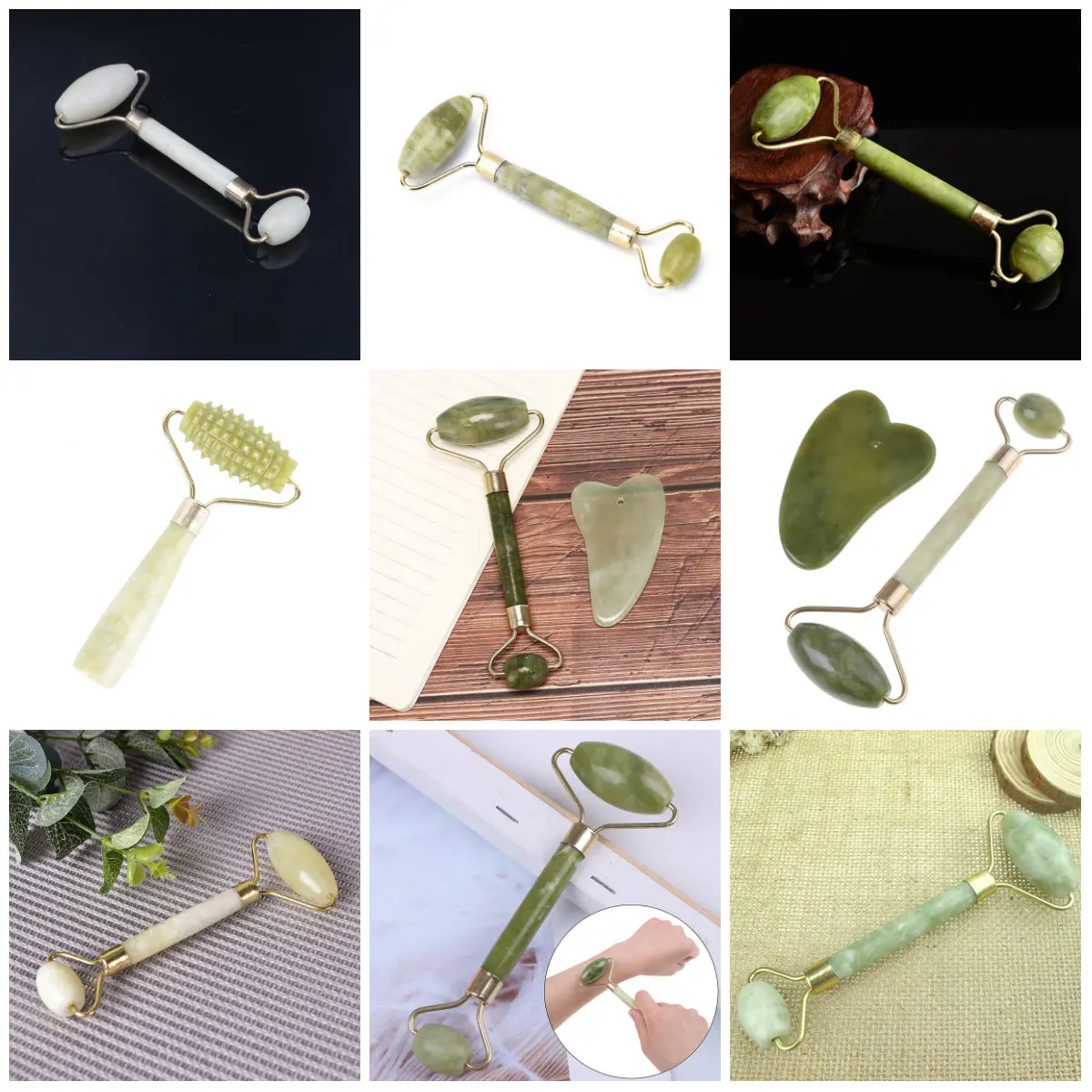 Multi Style 2 In 1 Green Roller Gua Sha Tools By Natural Jade Scraper Massager With Stones For Face Neck Back And Jawline