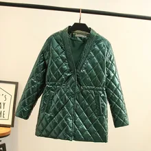 

Fashion Simple V Neck Parkas Women Elegant Single Breasted Argyle Coats Women Bottoming Solid Cotton Jackets Ladies Plus Size