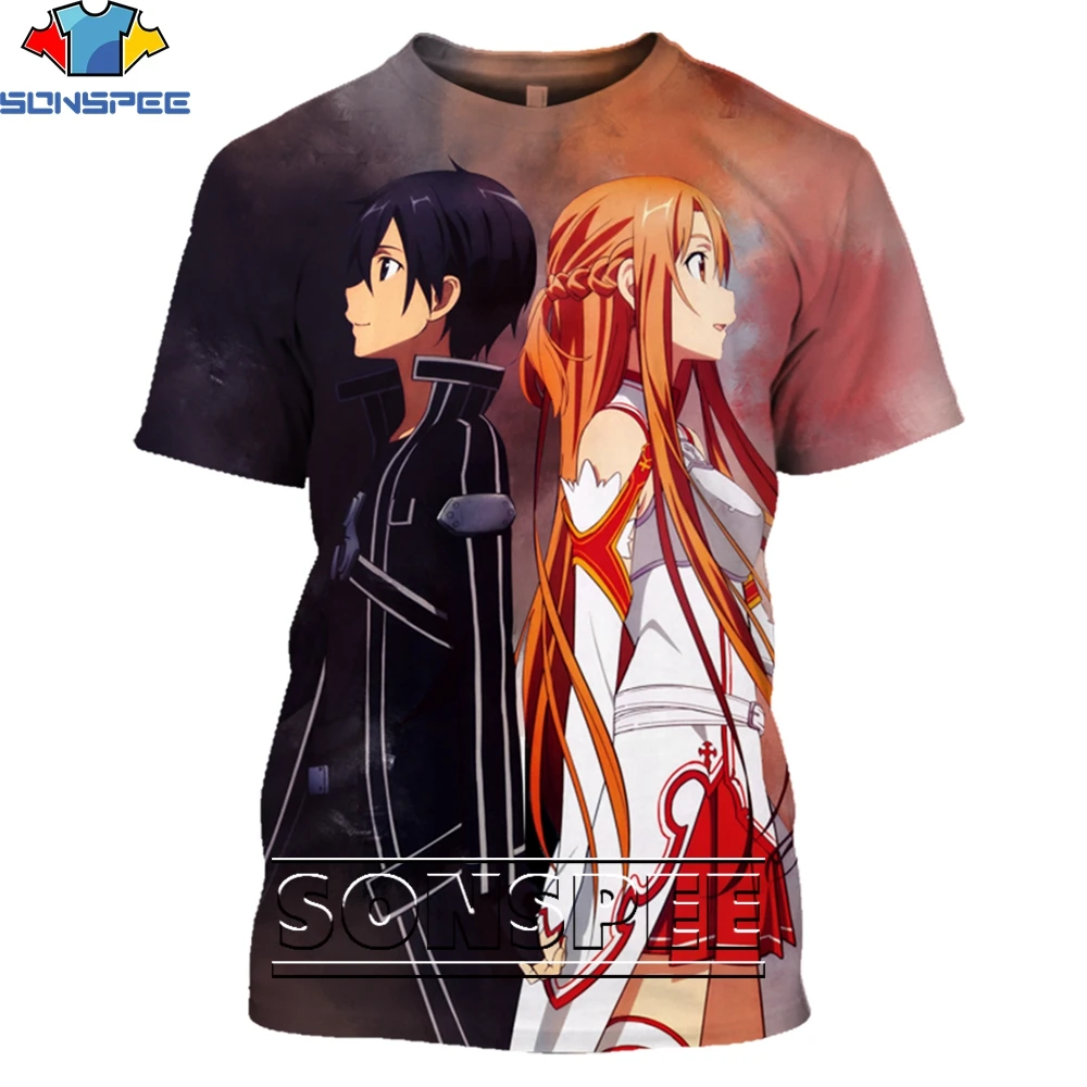 

SONSPEE Fight Amime Sword Art Online Kirito Asuna Shirt 3D Printing Men Women Summer Harajuku Casual Man Oversize Tshirt Kid Top