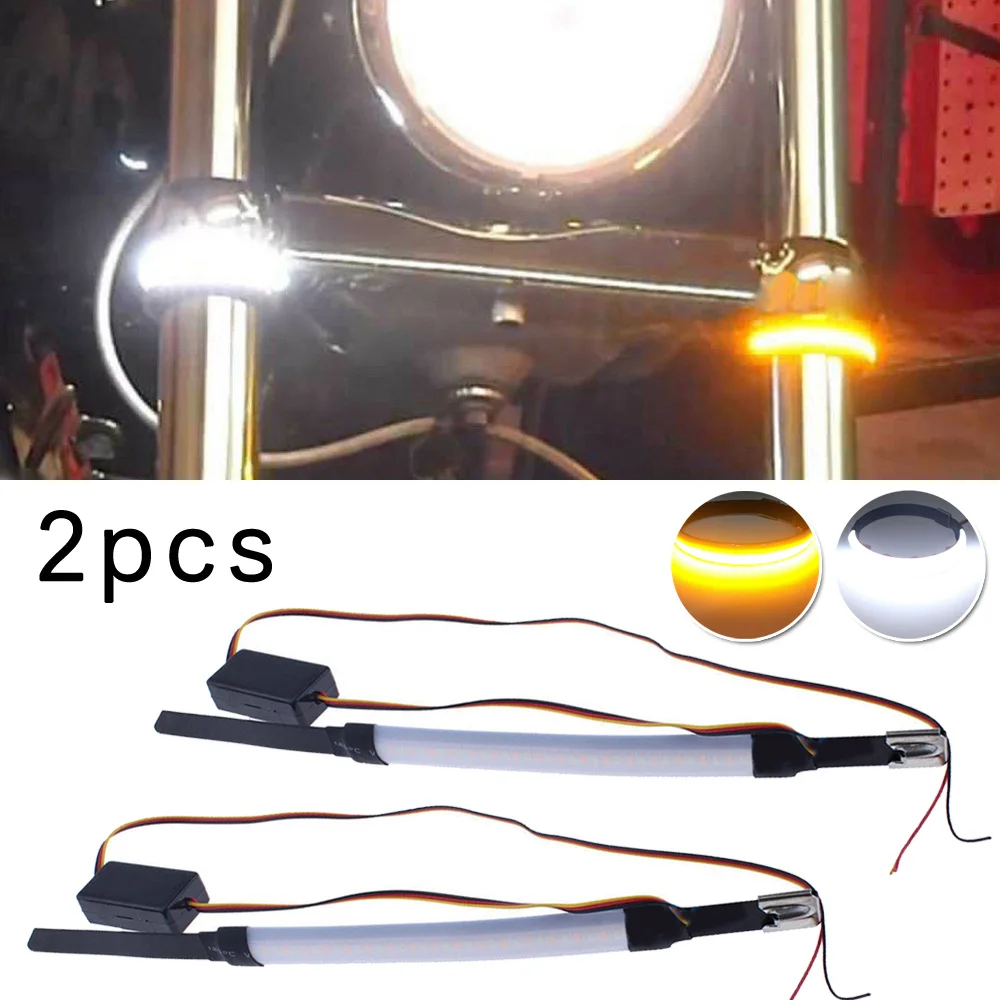 

2pcs Motorcycle LED Fork Turn Signal Lights Universal Amber White Strips 45-70mm