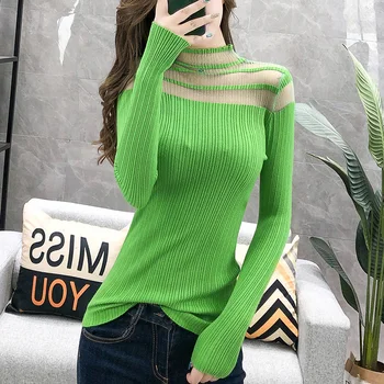 

#3825 Spliced Mesh Woman Sweater Pullovers Long Sleeve High Neck Hollow Out Sexy Thin Knitted Tops Slim Basic Tight Sweater