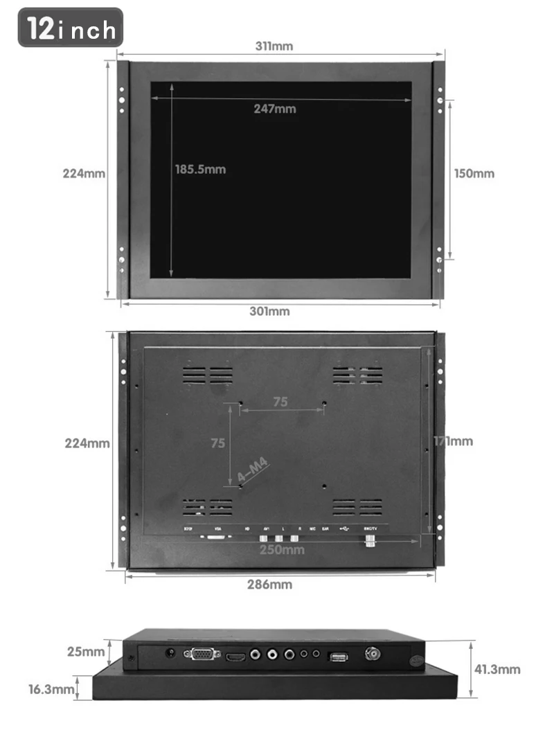 G12 inch monitor 4 3 sizes