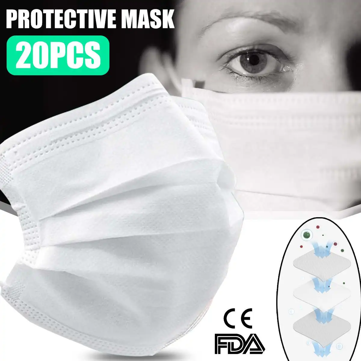 

20/60pcs 3 Layers Non-woven Face Mask Surgical Dental Bad Smell Bacteria Proof 3-Ply Ear Loop Disposable Face Mouth Mask