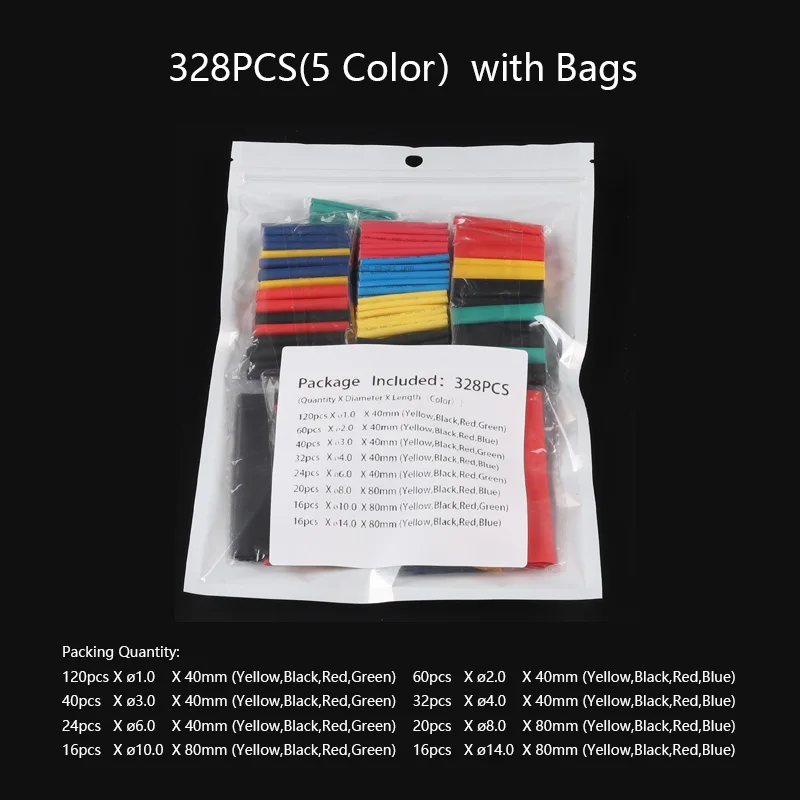 328PCS(5Color) Смешанный красочный набор полиолефина сокращения Ассорти термоусадочная трубка Обёрточная бумага провод кабель с изоляцией трубки комплект трубок соединения - Цвет: 328PCS(5Color)