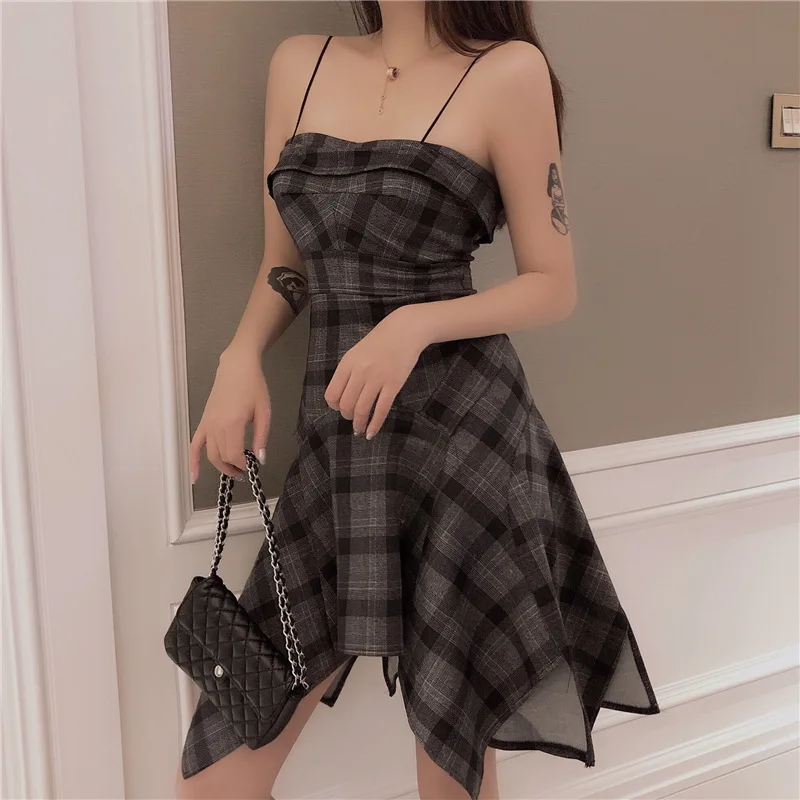 

Hanfeng High Waist And Irregular Checked Dress With Sexy Back And Shoulder Strap