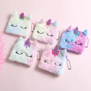 

Cartoon Plush Unicorn Coin Purse Cute Cat Fur Circle Wallet Girl Clutch Embroidered Bag Key Earphone Organizer Pouch Kids Gift