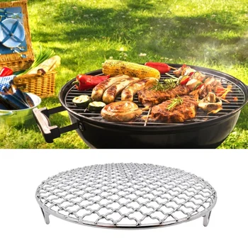 

Multipurpose frying pan barbecue net Eco-Friendly stainless round and thicker grill net domestic bbq rack with feet