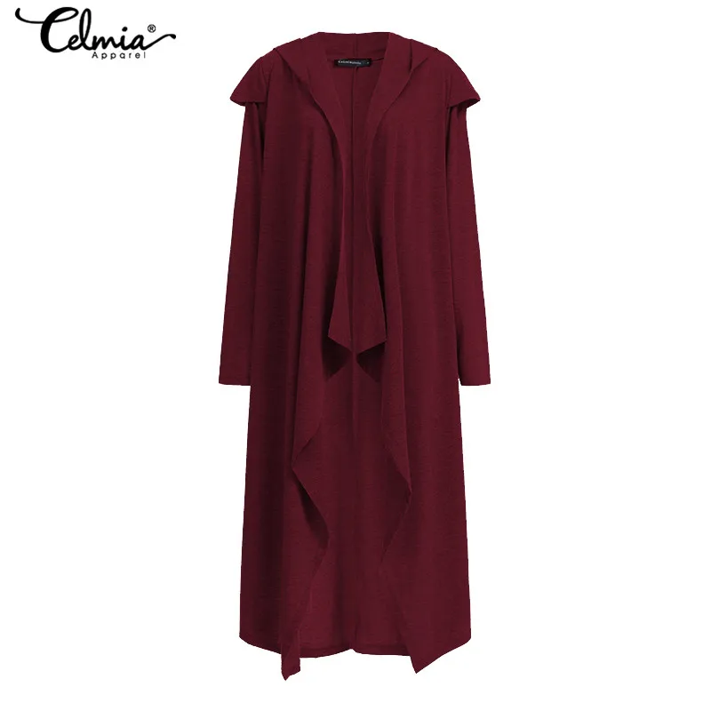 remarkable Women Vintage Hooded Long Jackets Celmia 2019 Autumn Winter Coats Casual Loose Knitted Asymmetrical
