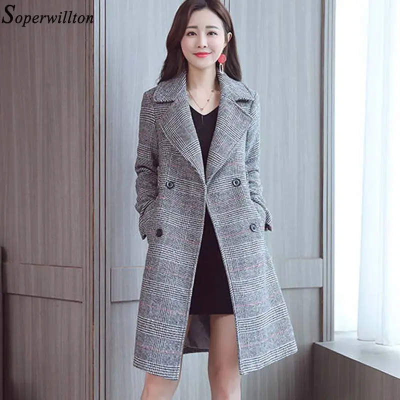 Шерстяное пальто женское клетчатое зимнее с длинным рукавом двубортное офисное элегантное женское пальто Тренч Abrigos mujer размера плюс