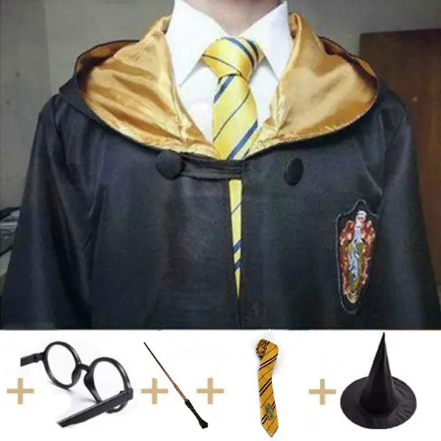 Robe Cape Cloak With Tie Scarf Wand Potter Glasses Ravenclaw Gryffindor Hufflepuff Slytherin Costume Adult Potter Cosplay - Цвет: Hufflepuff full Set3