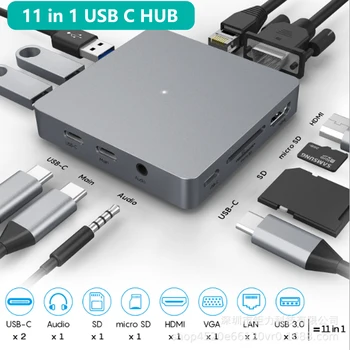 

USB C HUB 11 IN 1 TypeC Adapter USB C to HDMI 3.5mm Jack Audio SD TF HDMI VGA RJ45 USB3.0 Type C Docking Station for Macbook Pro