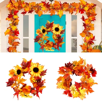 

Artificial Maple Leaf Garlands Autumn Hanging Fall Vines Pumpkin Berries Sunflower Maple Manmade Garland Rattan Home Decoration