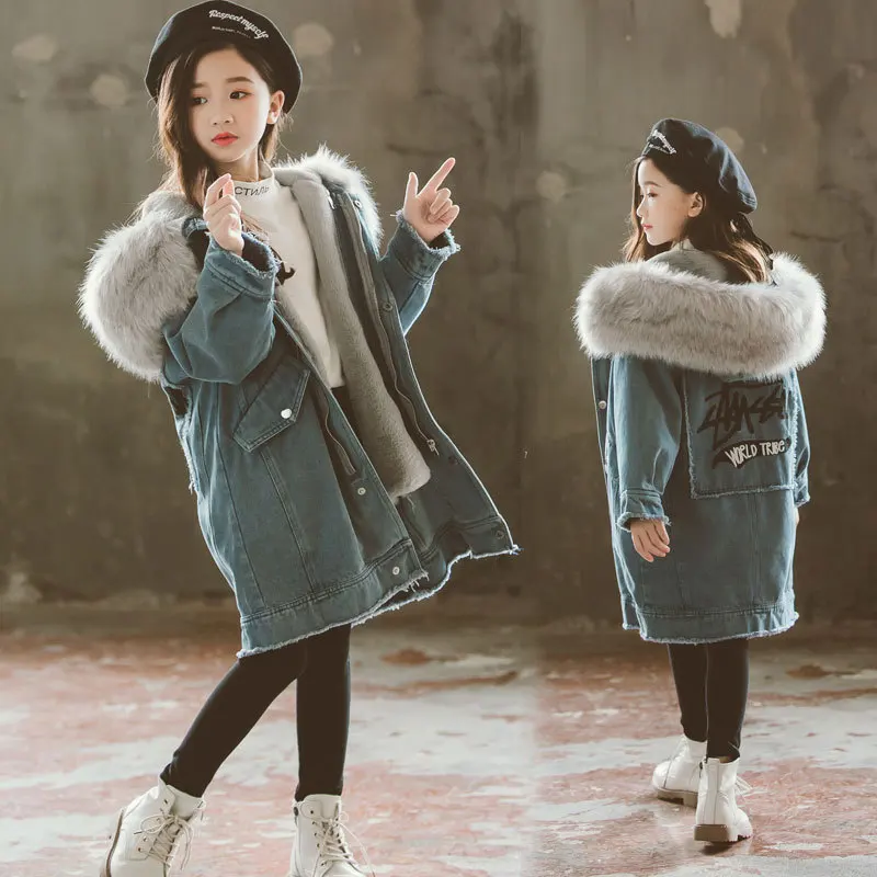 

2019 New Winter Kids Jacket For Girls Teenage Fur Hooded Outerwear Thicker Cotton Denim jacket Overcoat Clothes For Children