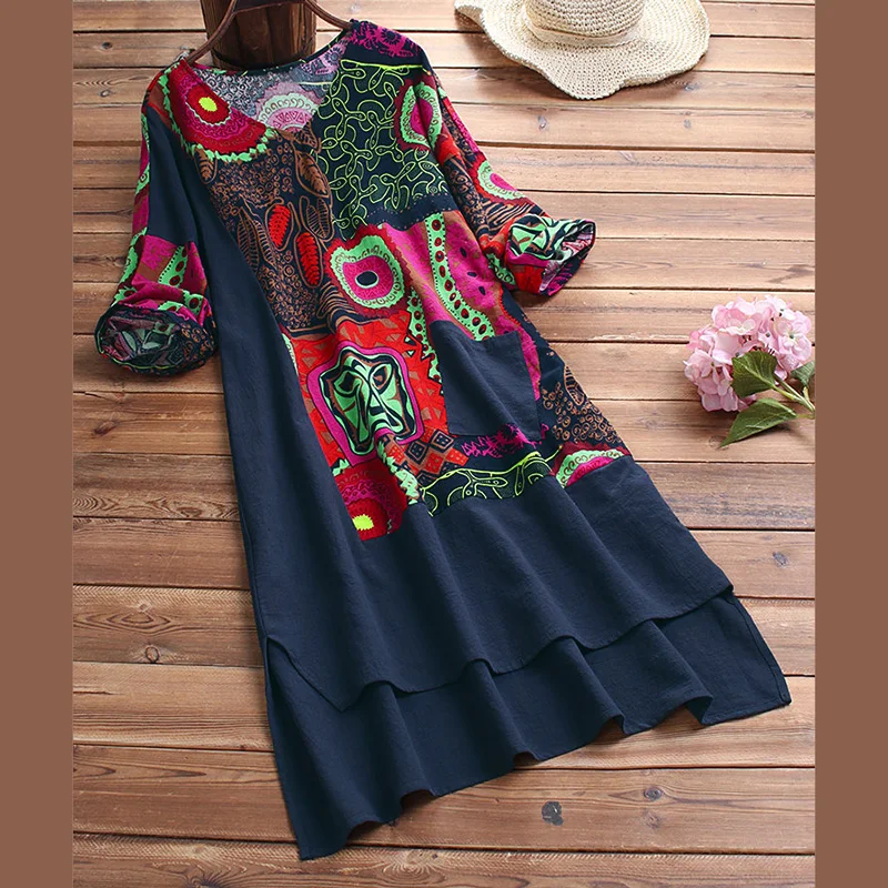 Женское льняное Хлопковое платье 3XL 4XL 5XL размера плюс, винтажное платье с принтом, v-образный вырез, половина рукава, неровный разрез, ретро платье