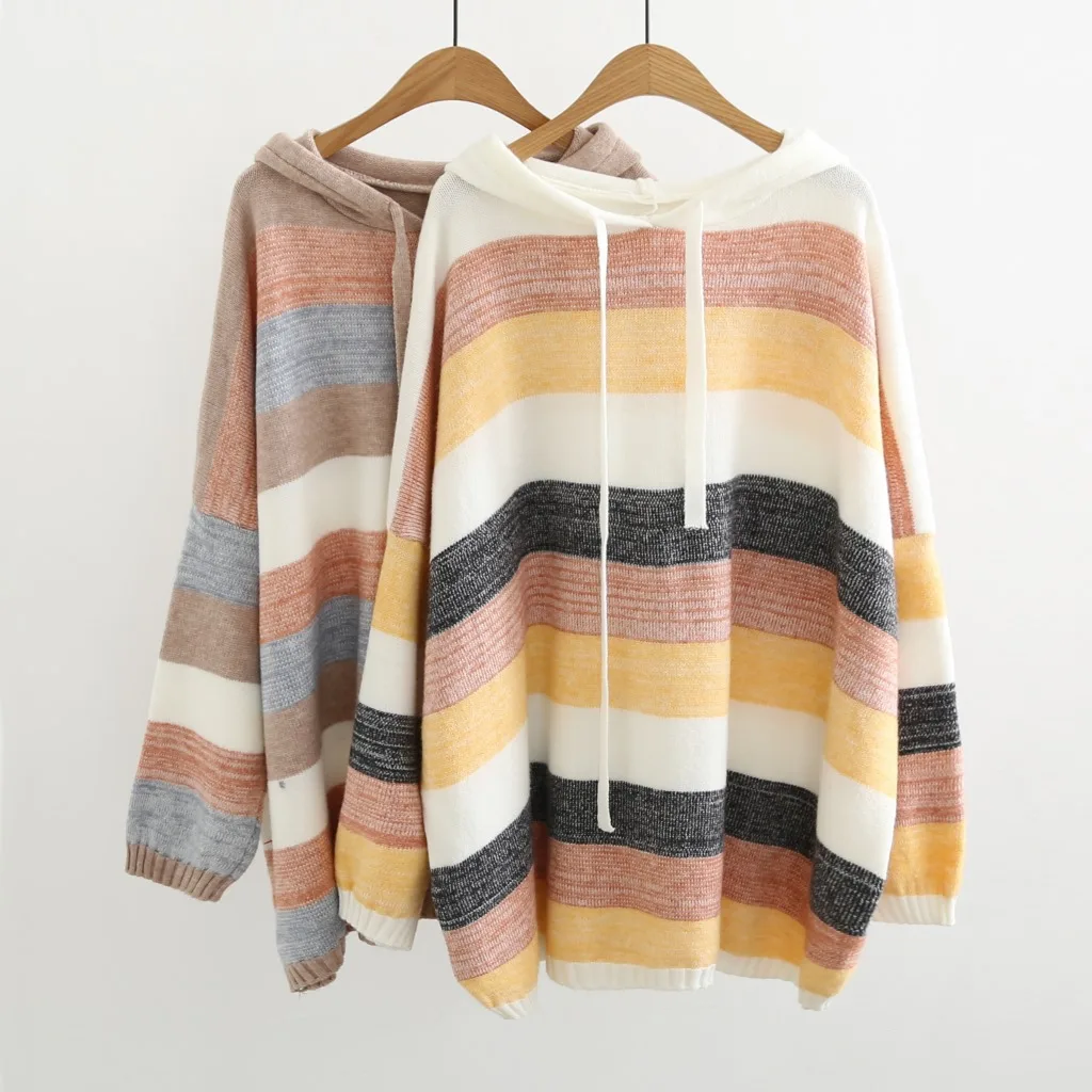 

Autumn Winter Chic Lazy Style Hooded Sweaters Women Elegant Batwing Sleeve Striped Hit Color Pullovers Female Loose Pullover Top