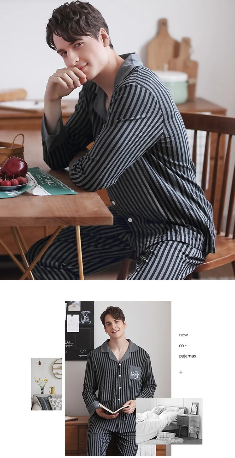 2019 осенне-зимние пижамы мужские полосатые пижамы с длинными рукавами набор с v-образным вырезом Ночной костюм для мужчин Пижама