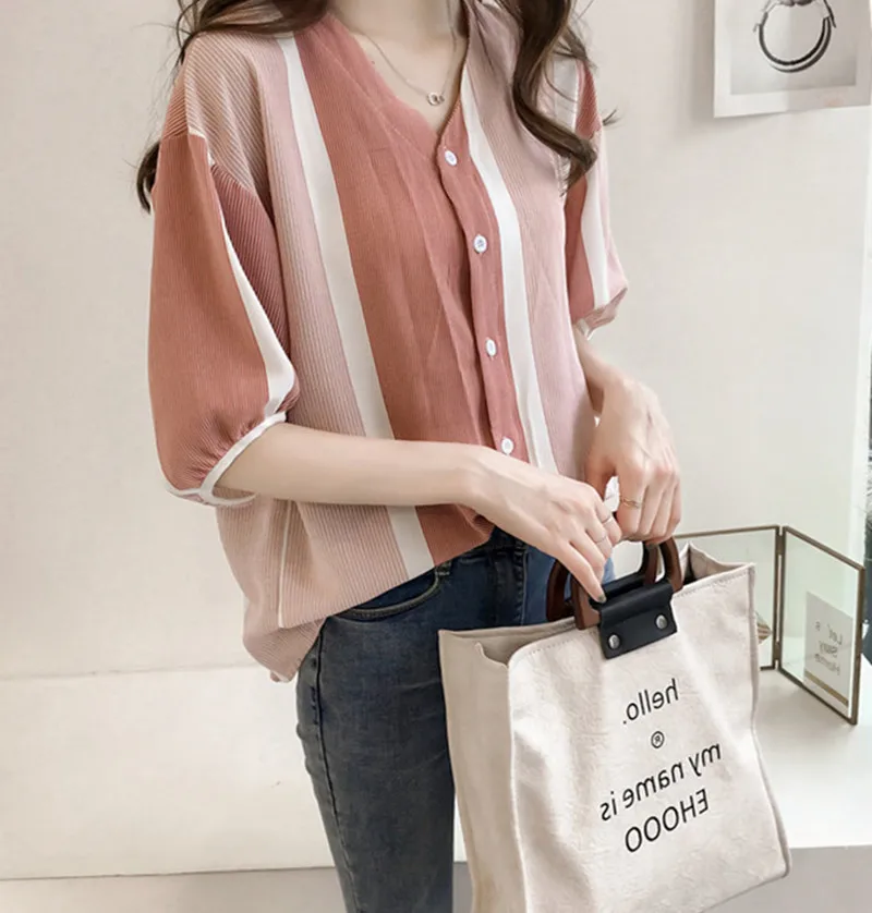 

[Multi--Spell] [M-4xl] Large Size Striped Shirt WOMEN'S Short Sleeved Tops Loose-Fit Slimming Casual Shirt Play