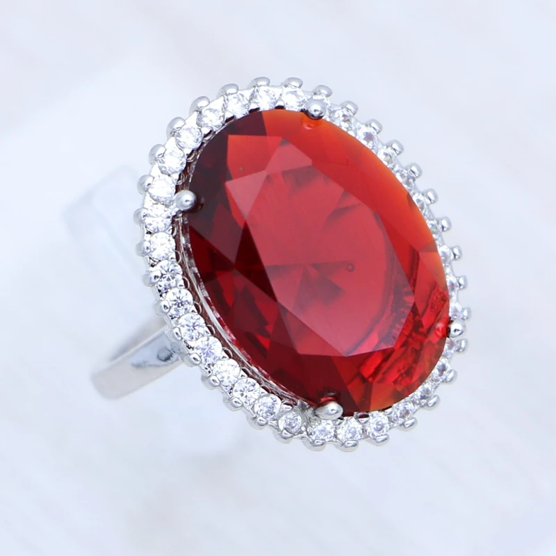 925 Sterling Silver Ring Oval Red Ruby Cubic Zirconia Large Main Stone White Crystal Ring for Women Free Gift Box Size 5.5 To 10 silver ring