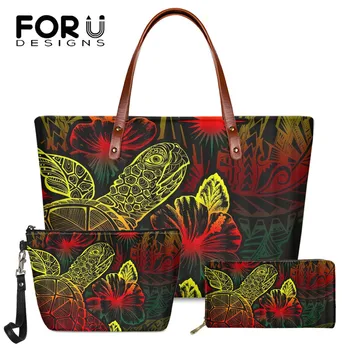 

FORUDESIGNS Women Shouler Bags 3pcs/set Marshall Islands Turtle Hibiscus Pattern PU Long Wallet Brand Tote Bags for Female 2020