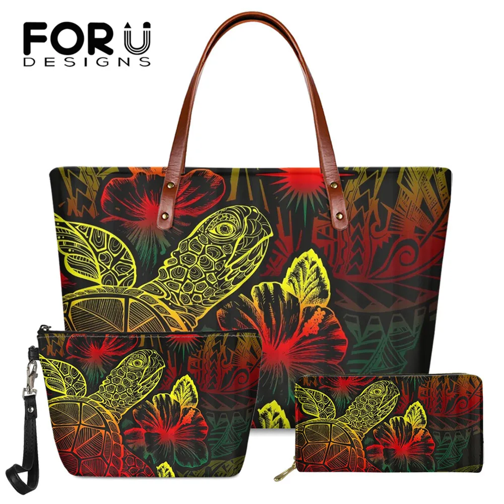 

FORUDESIGNS Women Shouler Bags 3pcs/set Vintage Islands Turtle Hibiscus Pattern PU Long Wallet Brand Tote Bags for Female 2020