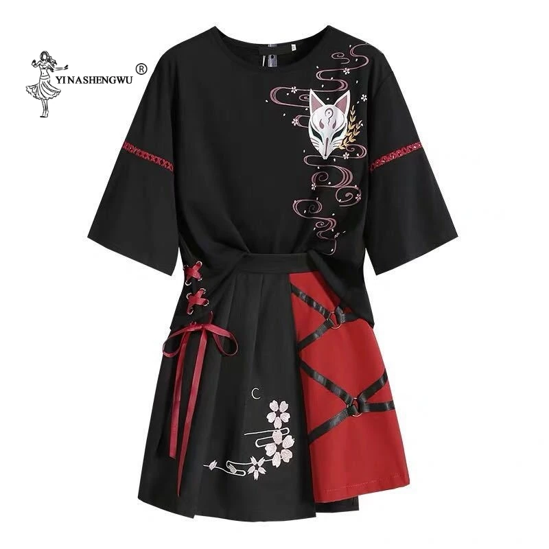 Japanese Kimono Anime Summer Women's Clothing Red Ribbon Women Girls' Lolita T-shirt Short Skirt Set Costume | Тематическая