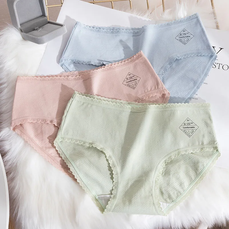 

Wasteheart Women Fashion Green Gray Pink Cotton Low Waist Panties Underwear Lingerie Briefs 3 Pieces Underpants 3 PCS Briefs XL