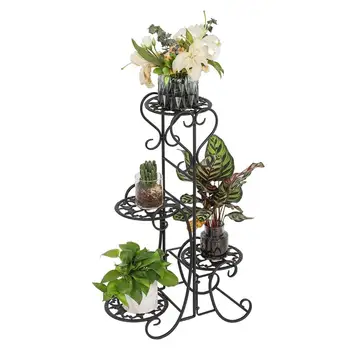 

4 Potted Rounded Flower Metal Shelves Plant Pot Stand Decoration for Indoor Outdoor Garden Black