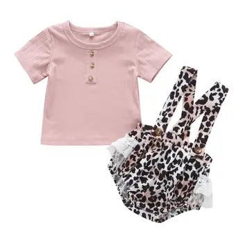 

0-24 Months Newborn Baby Girls Clothes Set Short Sleeve Tops Lace Leopard Shorts Bib Pants Infant Summer Baby Girls Set