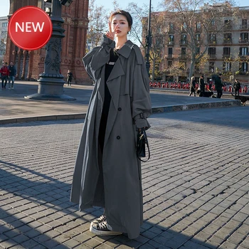 

X-Long Women's Trench Coat Double-Breasted Belted Lady Cloak Windbreaker Spring Fall Outerwear Grey Korean Style Loose Oversized