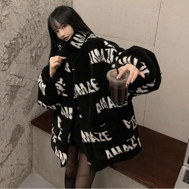 Students' retro Hong Kong style fried Street cardigan women's autumn and winter clothes Harajuku style leisure large size fat mm