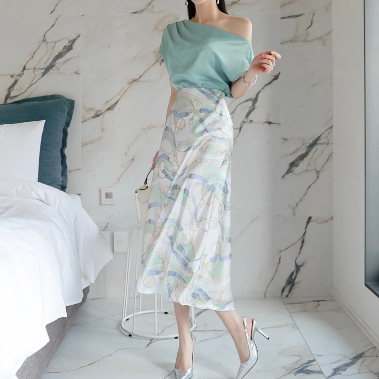 

JSXDHK Women 2 Piece Suits 2020 Summer Sexy Pink Off Shoulder Shirt Tops + High Waist Print Long Party Beach Skirt Sets