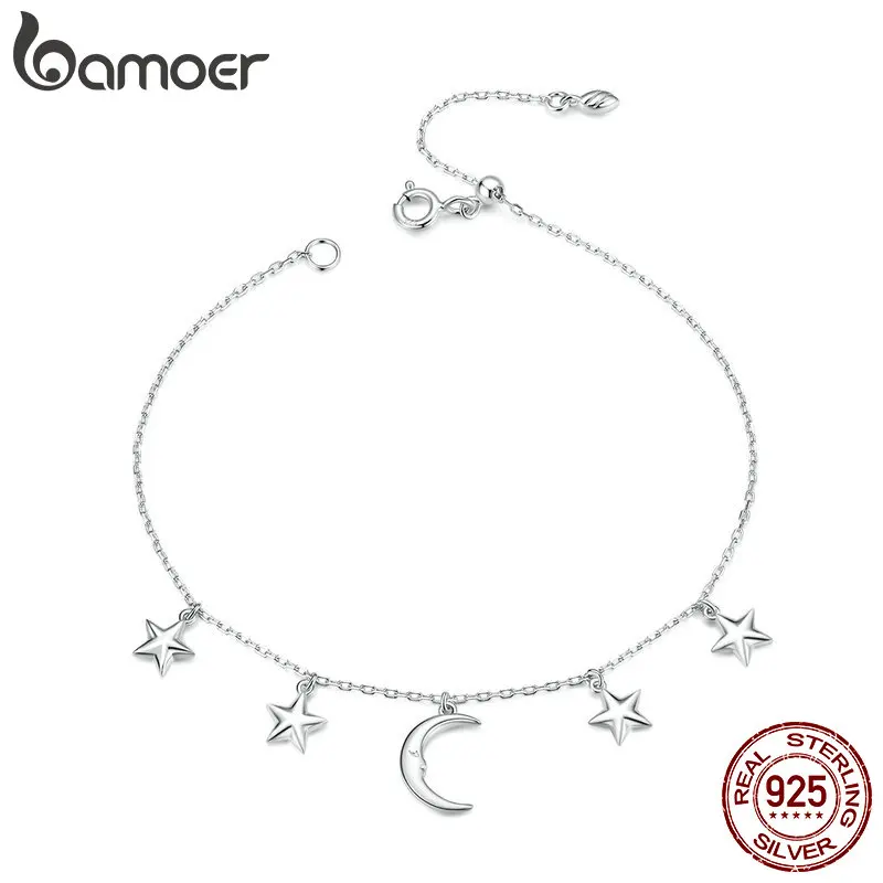 Женские браслеты цепочки bamoer Moon & Starsl из стерлингового серебра 925 пробы с