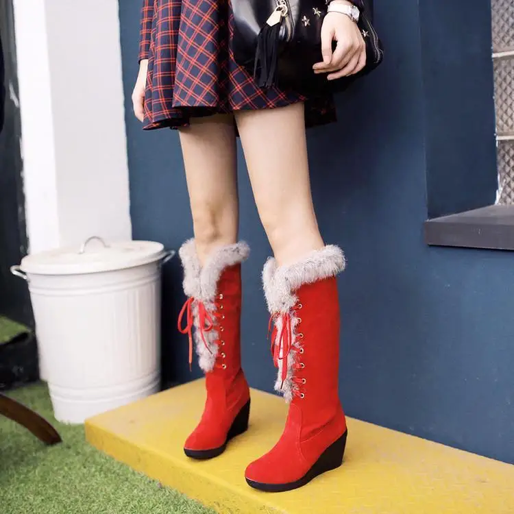 

Winter Wedge Boots Adhesive Shoes Fashion Boots Med Heels Fashion Shoes 2019 Women Rubber Mid-calf Lace-Up Wedges