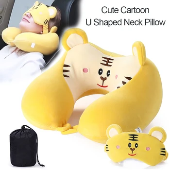 

JINSERTA Cute Cartoon Headrest Pillow Portable U Shaped Neck Pillow with Eye Mask Storage Bag Travel Pillow for Car Flight Trip