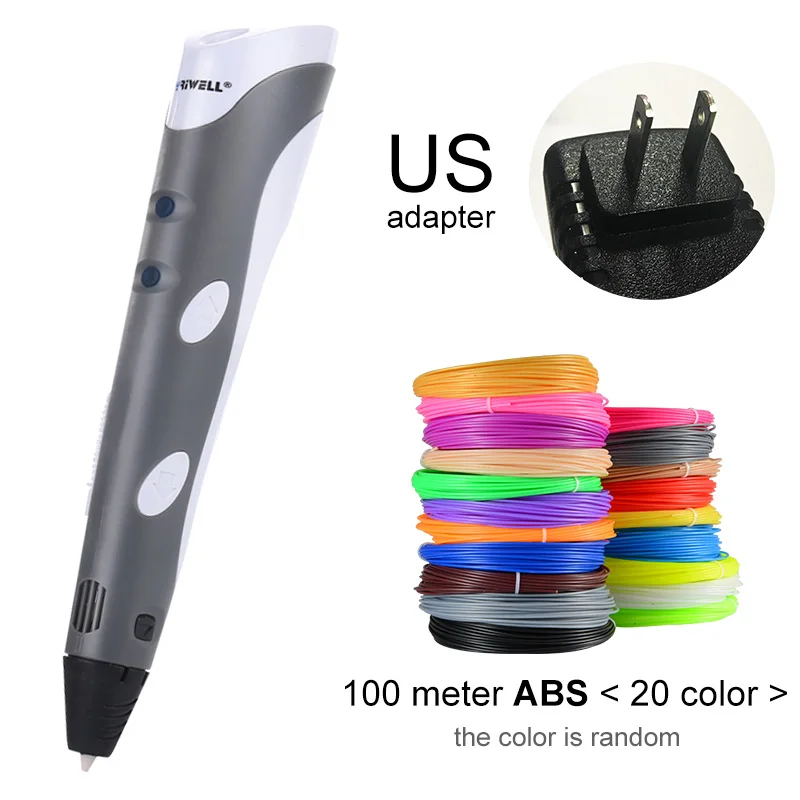 Grey US-100m ABS Myriwell, 3D Ручка,, сделай сам, 3D печать, ручка с 100 м ABS/PLA нитью, креативная игрушка, подарок для детей, дизайнерский рисунок - Цвет: Grey US-100m ABS