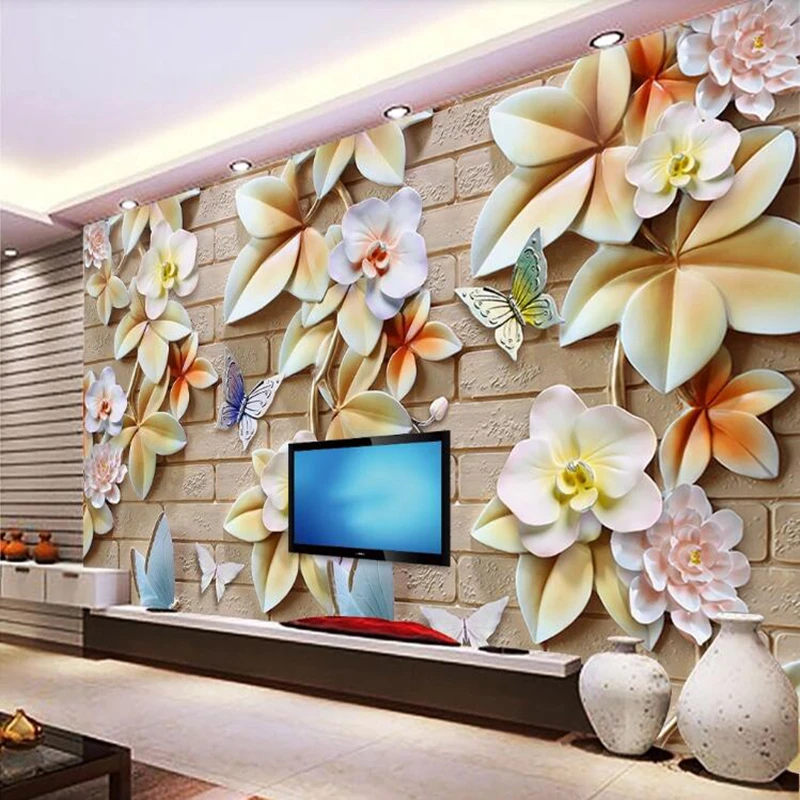 

Custom papel de parede 3d, Brick wall butterfly flower mural for living room bedroom sofa background wall decoration wallpaper