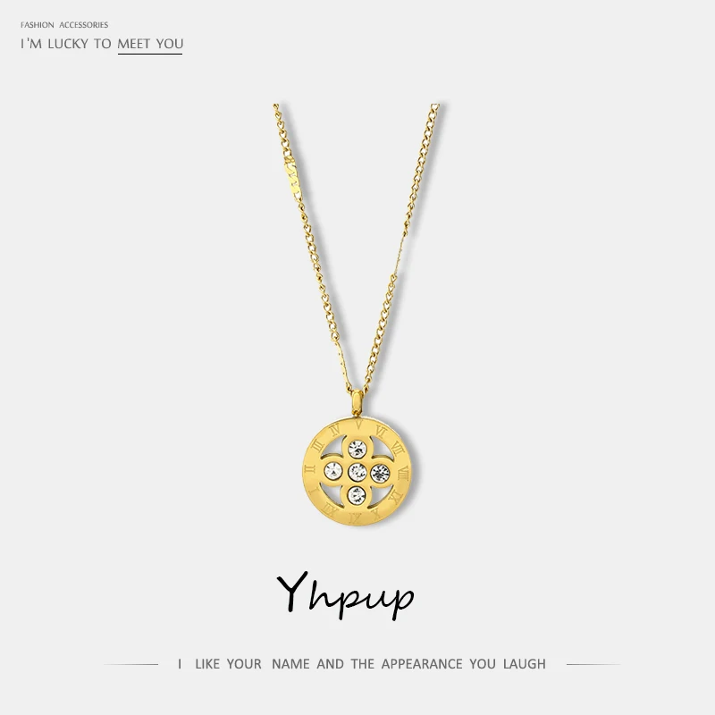 Yhpup Трендовое Брендовое ожерелье с крестом в виде римских цифр и кубического циркония для женщин, модное ювелирное ожерелье из золотой нержавеющей стали на Рождество