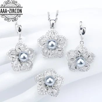 

Natural Freshwater Pearl Costume Silver 925 Jewelry Sets Women Earrings With Pearls Pendant&Necklace/Rings Set Jewelery Gift Box