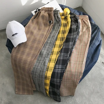 

Harajuku Plaid Pants Men Women Fashion Casual Straight Drawstring Elastic Waist Yellow Pants Men Hip Hop Clothing Streetwear