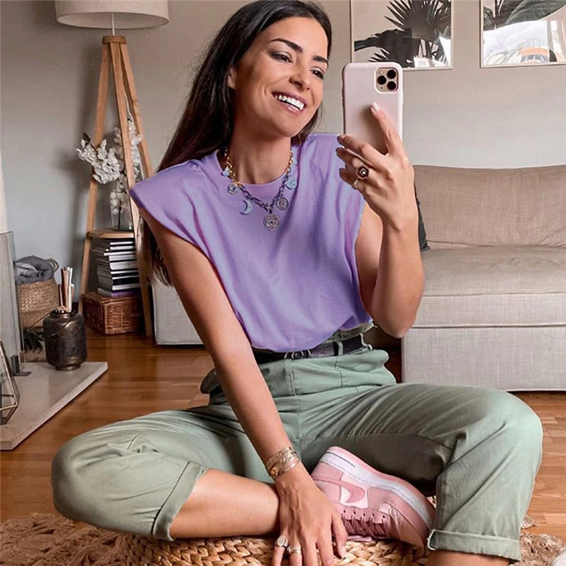 Hot New Fashion Style Women Padded Shoulder T-shirts Sleeveless Solid Color Round Neck Ladies Top Casual Style Pullover