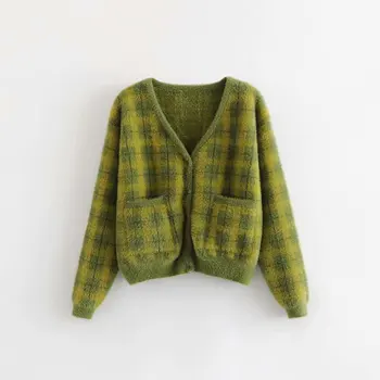 

2020 Spring High Quality Women‘s Grid Print Single breasted Casual Long sleeves V-Neck Sweater Knitted Needle Female Sweater